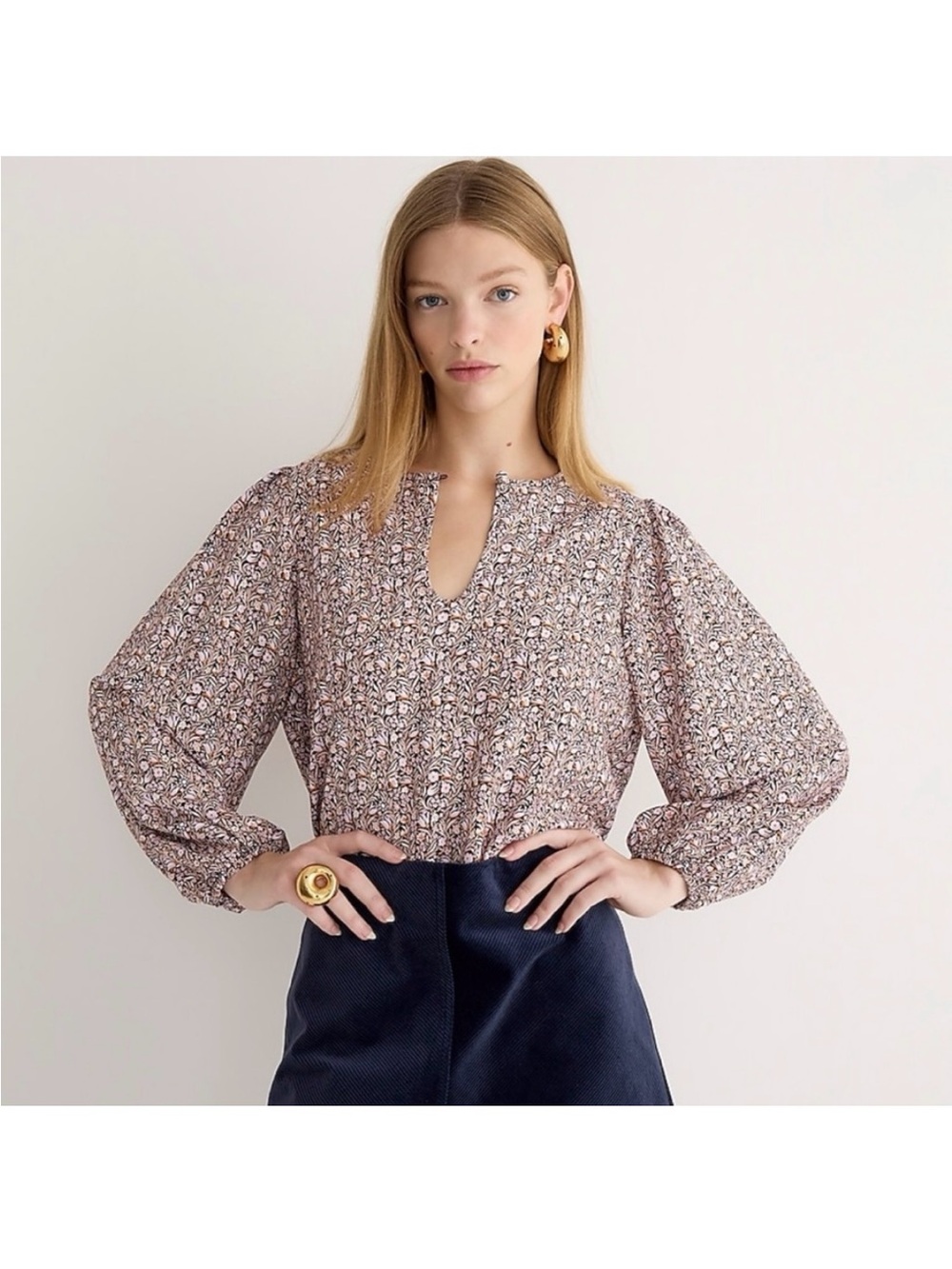 NWT J. Crew Puff-Sleeve Satin-Back Crepe Top | floral long sleeve office fall